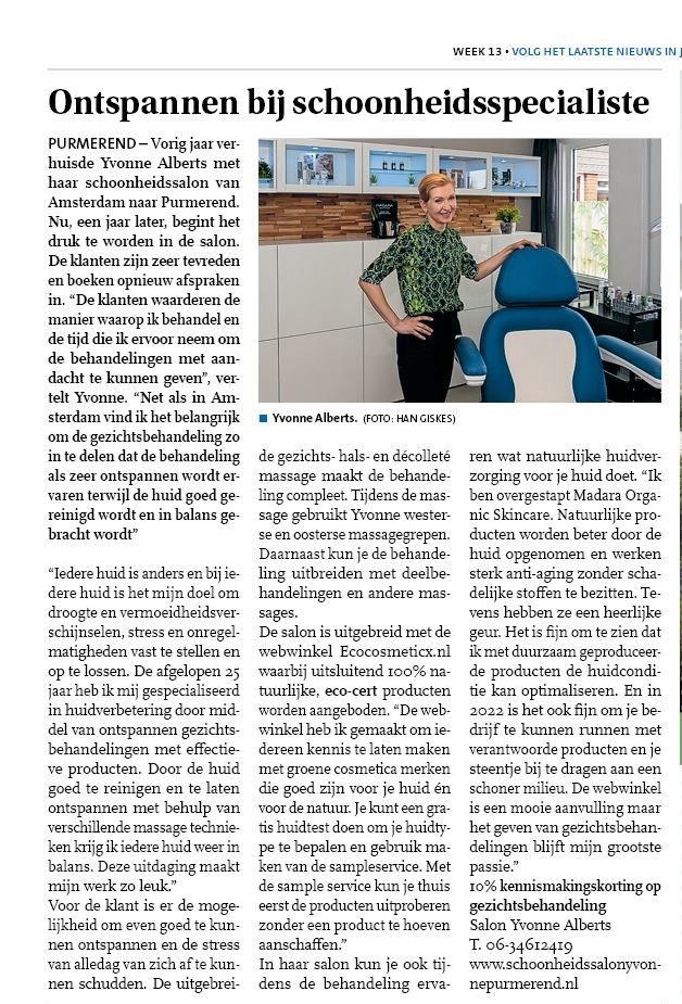 Artikel Yvonne Alberts in Purmerendsnieuwsblad www.schoonheidssalonyvonnepurmerend.nl